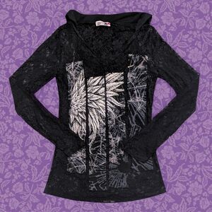 2000s Bus Stop Grunge Black Lace Long Sleeve Angel Wing Top with Hood | Size L
